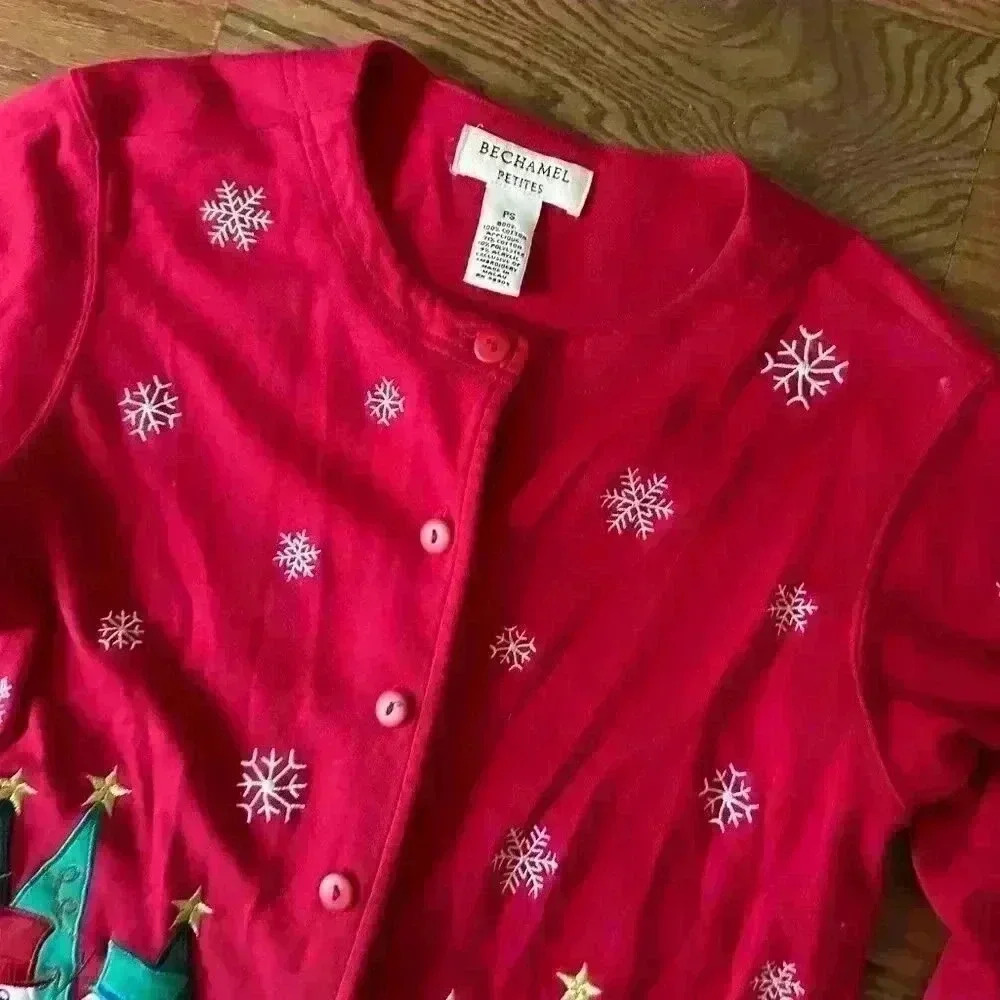 Vintage Embroidered Snowman Cardigan Ugly Christmas Sweater Petite Small Cottage - Picture 7 of 11